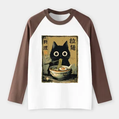Tokyo-Tiger Cute Black Cat Eating Ramen Japan Raglan Long Sleeve T-shirt