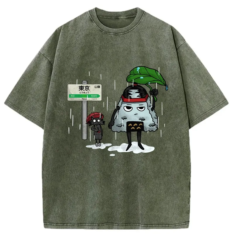 Tokyo-Tiger Onigiri On Lotus Leaf Washed T-Shirt
