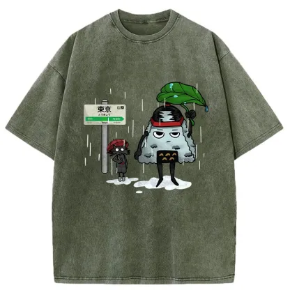 Tokyo-Tiger Onigiri On Lotus Leaf Washed T-Shirt