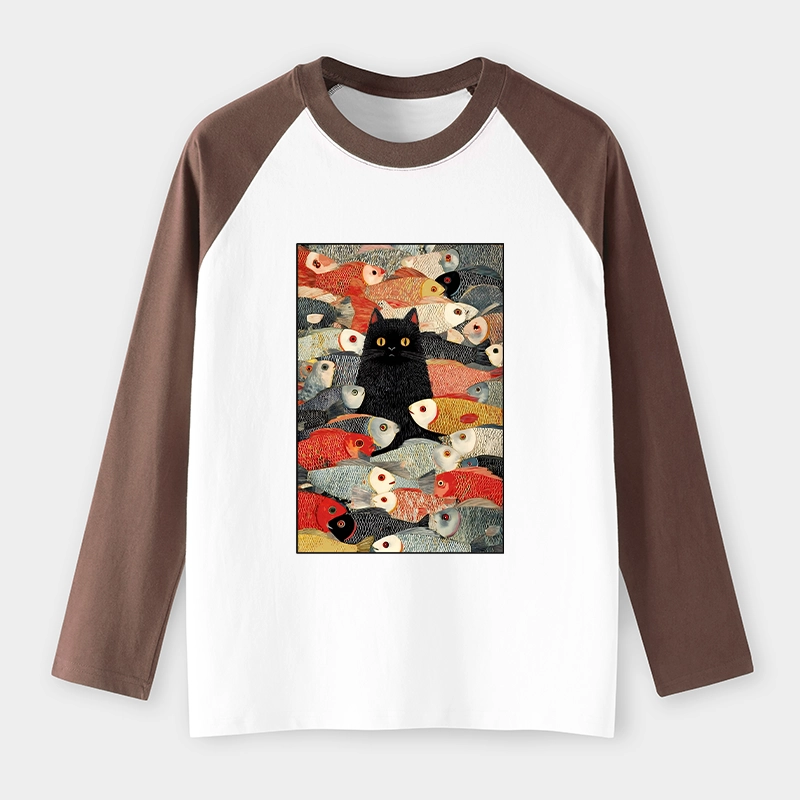 Tokyo-Tiger Cats And Fish Raglan Long Sleeve T-shirt