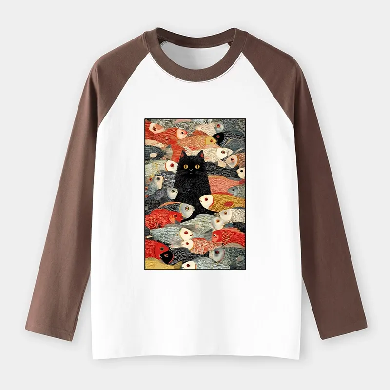 Tokyo-Tiger Cats And Fish Raglan Long Sleeve T-shirt