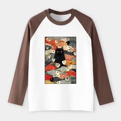 Tokyo-Tiger Cats And Fish Raglan Long Sleeve T-shirt