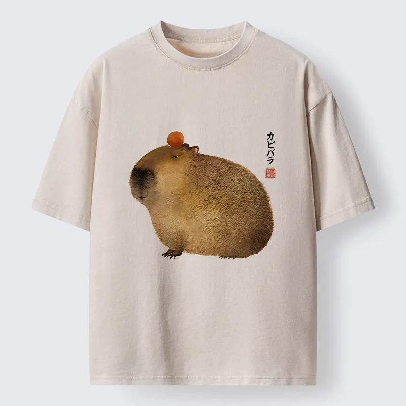 Tokyo-Tiger Calm Capybara Illustration Washed T-Shirt Sale