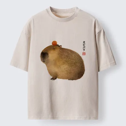 Tokyo-Tiger Calm Capybara Illustration Washed T-Shirt