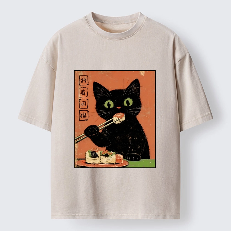 Tokyo-Tiger Japanese Style Sushi Cat Art Washed T-Shirt