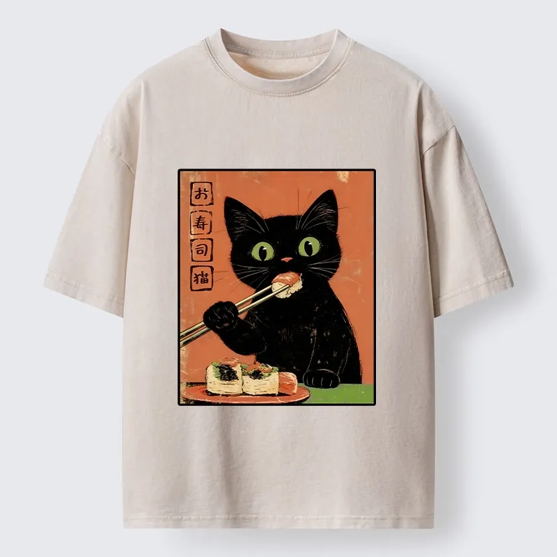Tokyo-Tiger Japanese Style Sushi Cat Art Washed T-Shirt