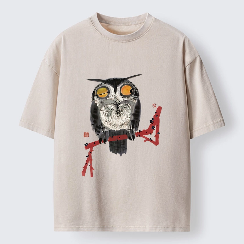 Tokyo-Tiger Ink Wash Owl On Red Branch Washed T-Shirt