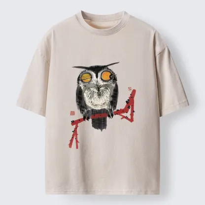 Tokyo-Tiger Ink Wash Owl On Red Branch Washed T-Shirt