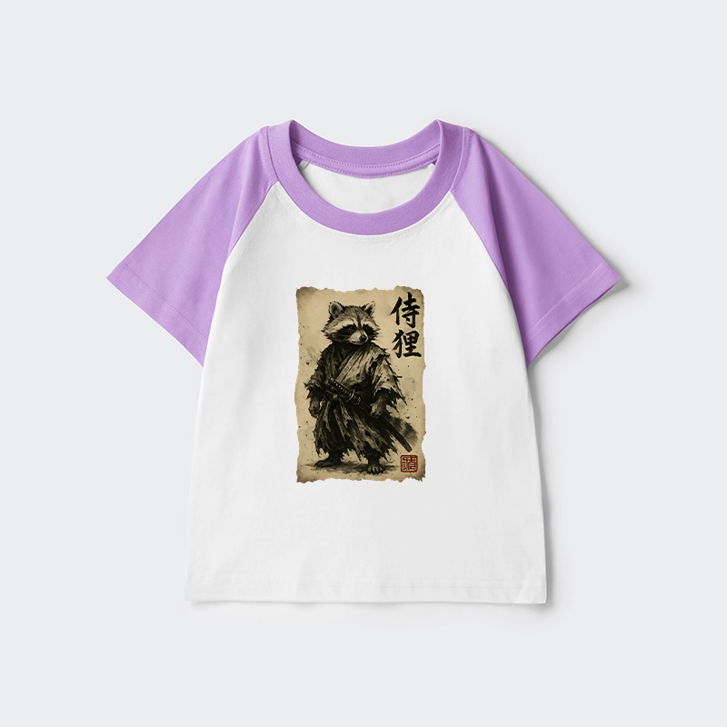 Tokyo-Tiger Retro Raccoon Samurai Kids Raglan T-shirt