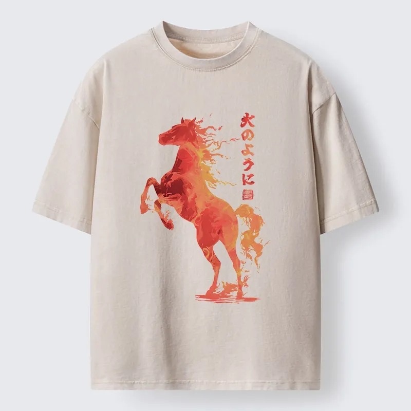 Tokyo-Tiger Fire Horse Japanese Art Washed T-Shirt Sale