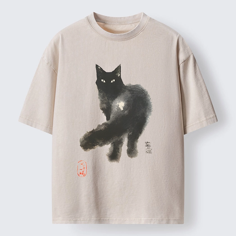 Tokyo-Tiger Black Cat Emptiness Ink Wash Washed T-Shirt