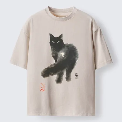 Tokyo-Tiger Black Cat Emptiness Ink Wash Washed T-Shirt