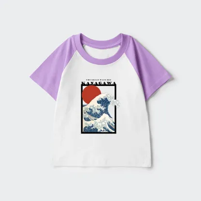 Tokyo-Tiger Minimalist Ukiyo-e Waves Kids Raglan T-shirt