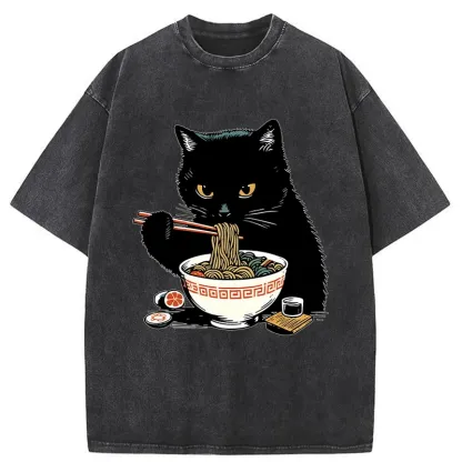 Tokyo-Tiger Cat Eating Favorite Ramen Washed T-Shirt