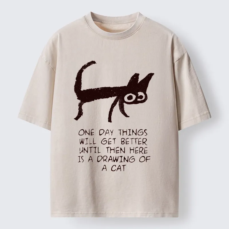 Tokyo-Tiger Cat Cheer Up Drawing Washed T-Shirt Sale