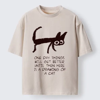Tokyo-Tiger Cat Cheer Up Drawing Washed T-Shirt
