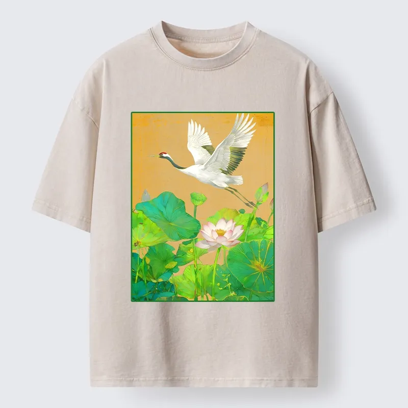 Tokyo-Tiger Crane Flying Over Lotus Art Washed T-Shirt Sale