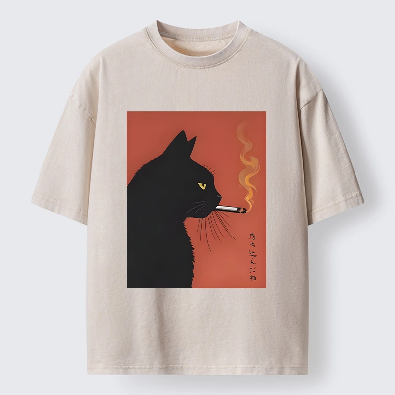 Tokyo-Tiger Black Cat With Cigarette Washed T-Shirt