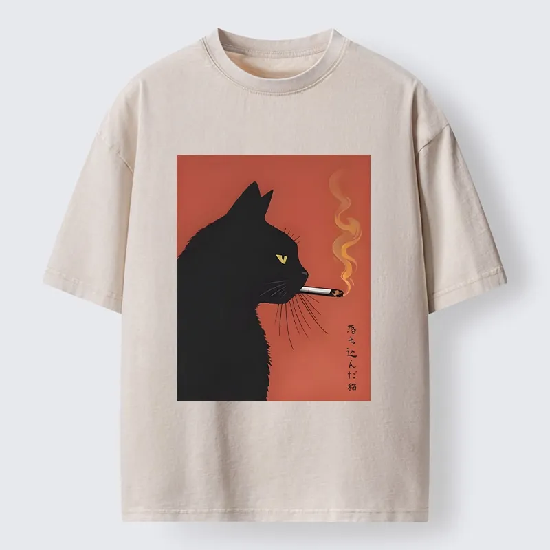 Tokyo-Tiger Black Cat With Cigarette Washed T-Shirt Sale