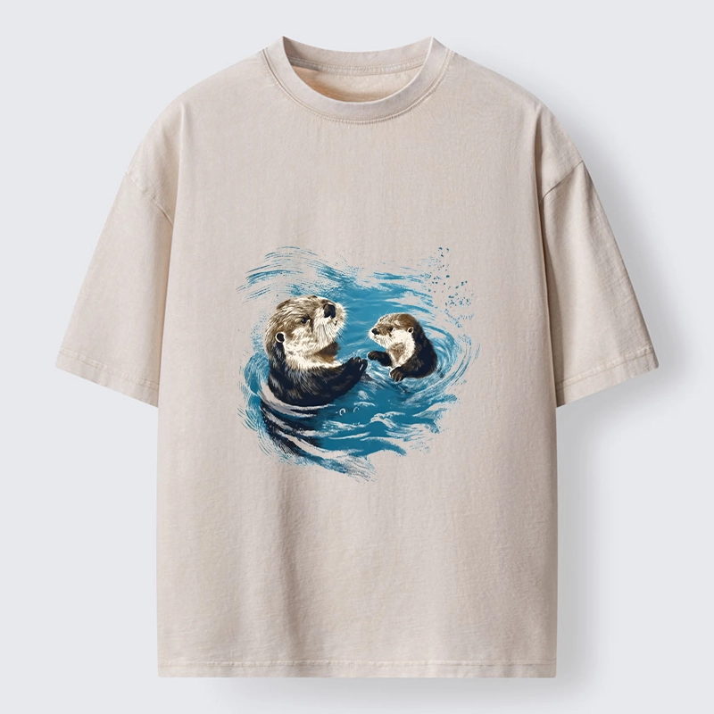Tokyo-Tiger Meme Cute Otter Pair In Water Washed T-Shirt