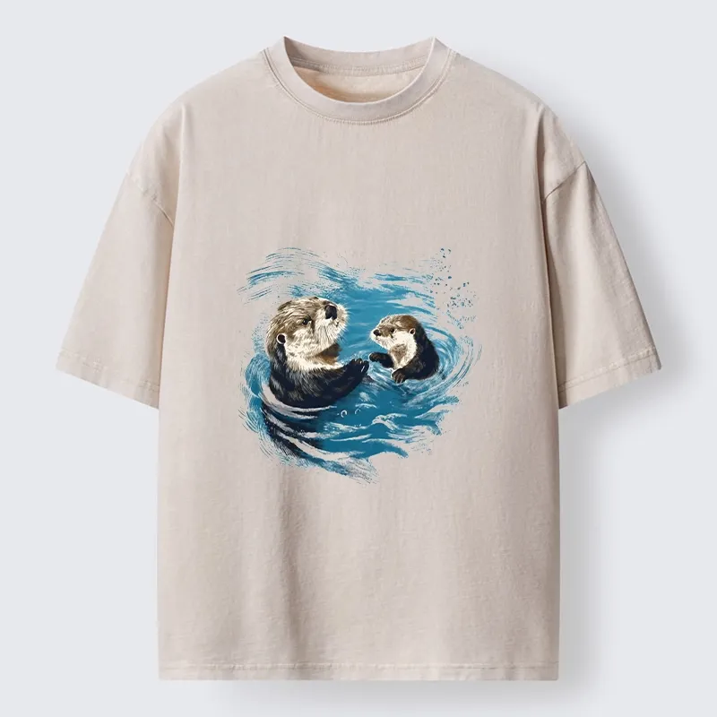 Tokyo-Tiger Meme Cute Otter Pair In Water Washed T-Shirt Sale