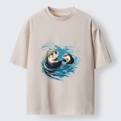 Tokyo-Tiger Meme Cute Otter Pair In Water Washed T-Shirt
