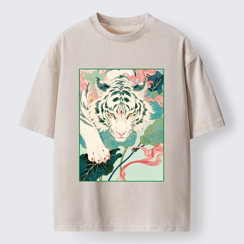 Tokyo-Tiger Oriental White Tiger Art Washed T-Shirt Sale