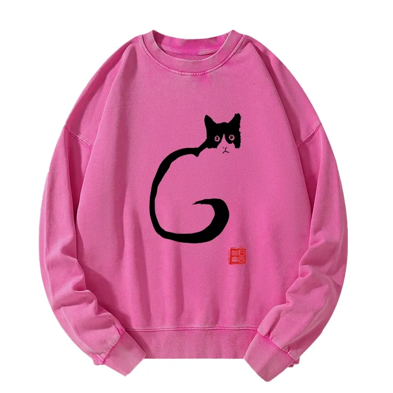 Tokyo-Tiger Calm Cat In Simple Lines Washed Sweatshirt