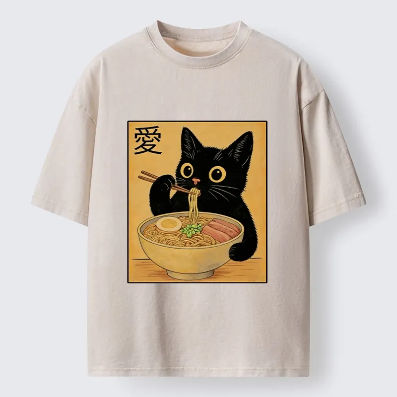 Tokyo-Tiger Cute Cat Eating Ramen Meme Washed T-Shirt