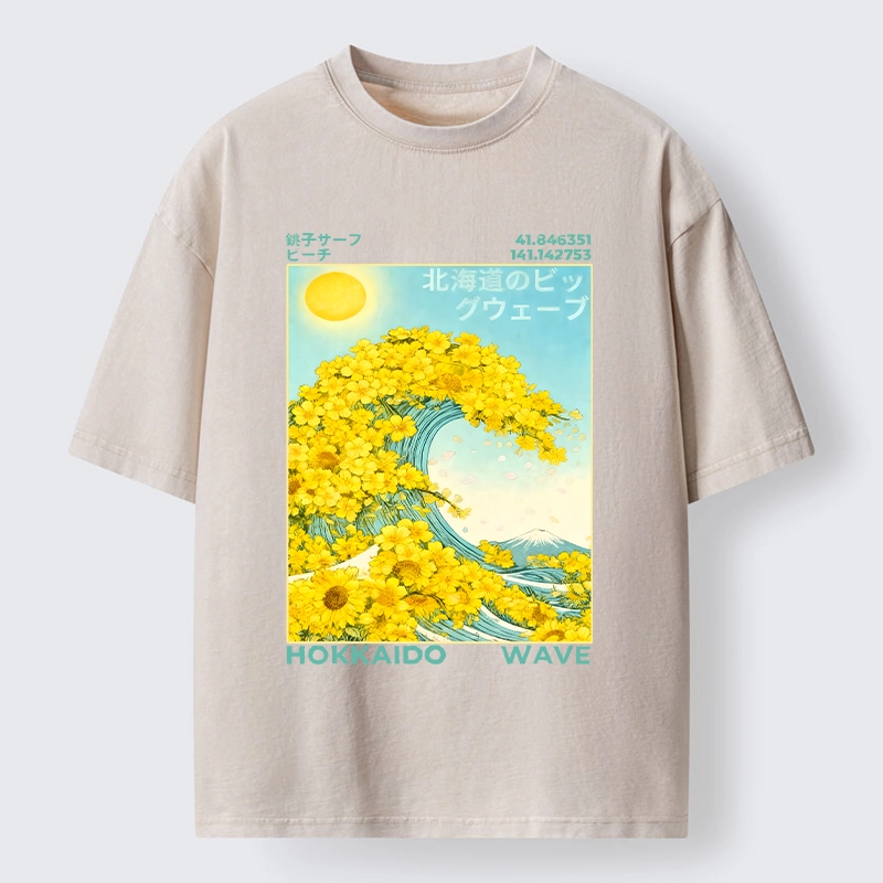 Tokyo-Tiger Sunny Yellow Flower Wave Art Washed T-Shirt