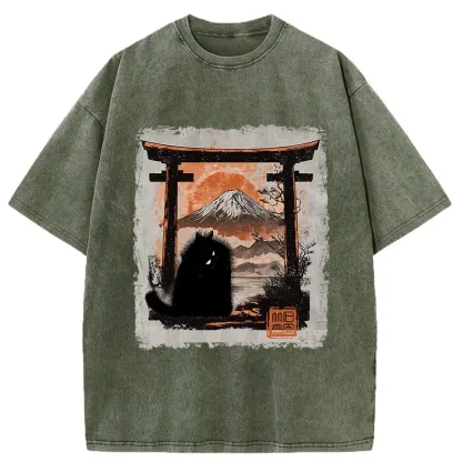 Tokyo-Tiger Mt. Fuji Guardian Cat Washed T-Shirt