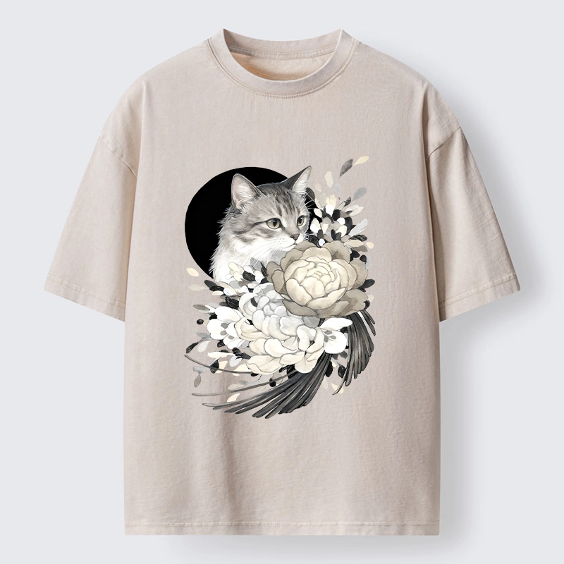 Tokyo-Tiger Graceful Cat In Floral Bouquet Washed T-Shirt