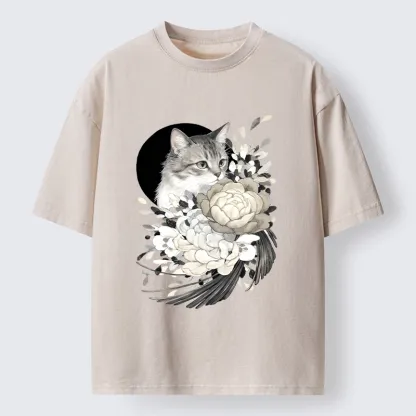 Tokyo-Tiger Graceful Cat In Floral Bouquet Washed T-Shirt