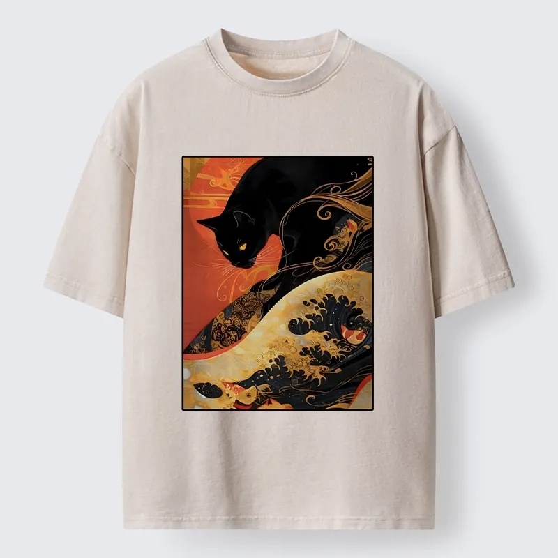 Tokyo-Tiger Japanese Style Black Cat Washed T-Shirt Sale