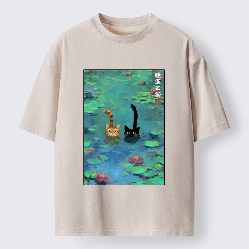 Tokyo-Tiger Funny Cats Swimming In Lilies Washed T-Shirt