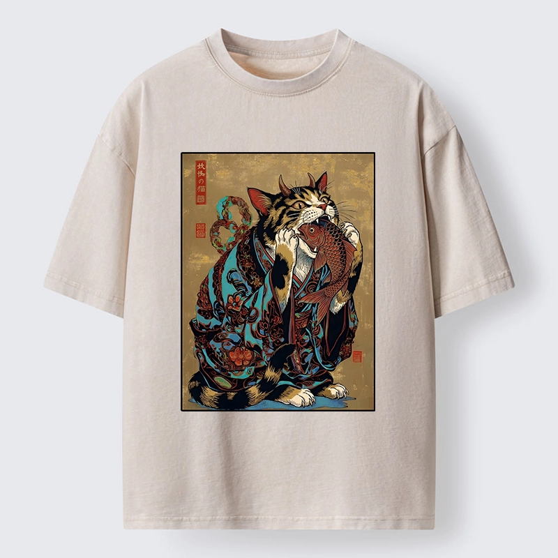Tokyo-Tiger Samurai Cat Eating Fish Washed T-Shirt