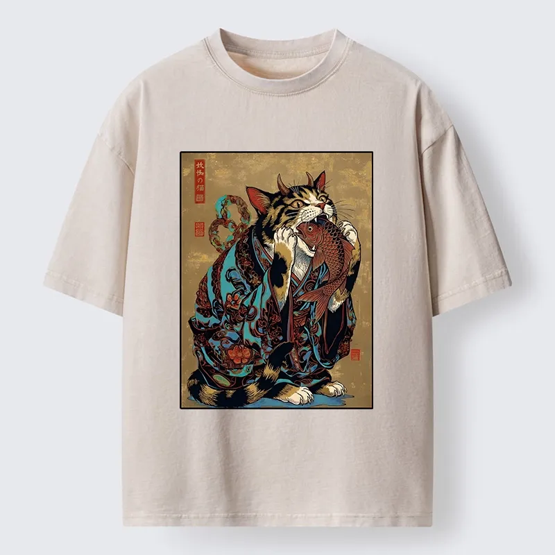 Tokyo-Tiger Samurai Cat Eating Fish Washed T-Shirt Sale