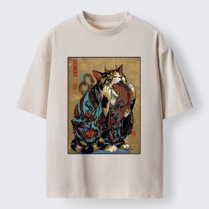 Tokyo-Tiger Samurai Cat Eating Fish Washed T-Shirt