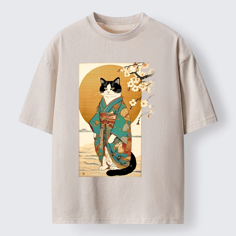Tokyo-Tiger Elegant Cat In Traditional Kimono Washed T-Shirt