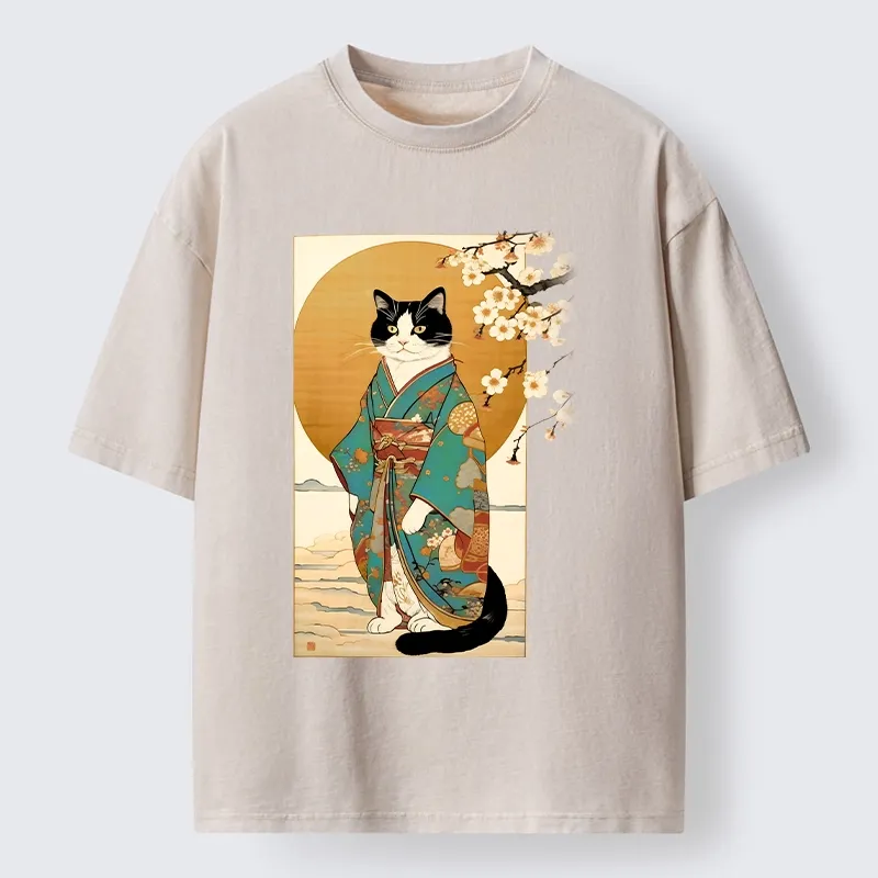 Tokyo-Tiger Elegant Cat In Traditional Kimono Washed T-Shirt Sale