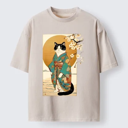 Tokyo-Tiger Elegant Cat In Traditional Kimono Washed T-Shirt