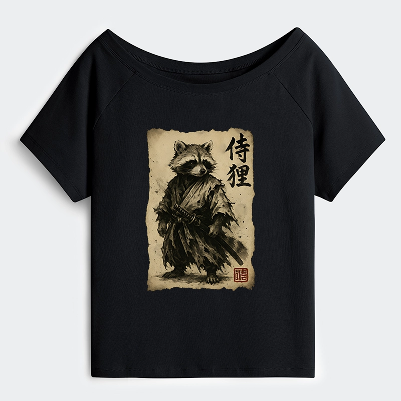 Tokyo-Tiger Retro Raccoon Samurai Off Shoulder T-Shirt