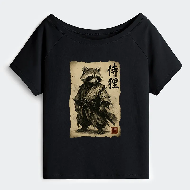 Tokyo-Tiger Retro Raccoon Samurai Off Shoulder T-Shirt Sale