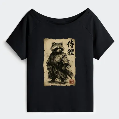 Tokyo-Tiger Retro Raccoon Samurai Off Shoulder T-Shirt