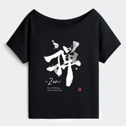 Tokyo-Tiger Zen Texts Off Shoulder T-Shirt