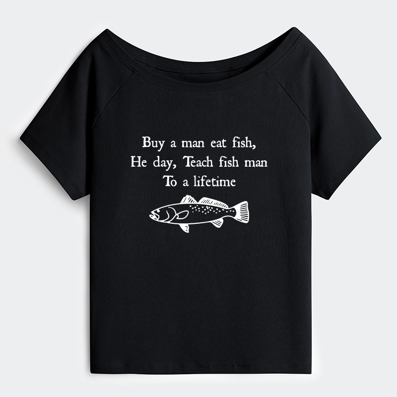 Tokyo-Tiger Man Eat Fish Meme Off Shoulder T-Shirt