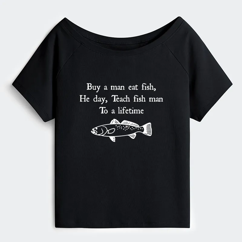 Tokyo-Tiger Man Eat Fish Meme Off Shoulder T-Shirt