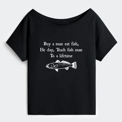 Tokyo-Tiger Man Eat Fish Meme Off Shoulder T-Shirt