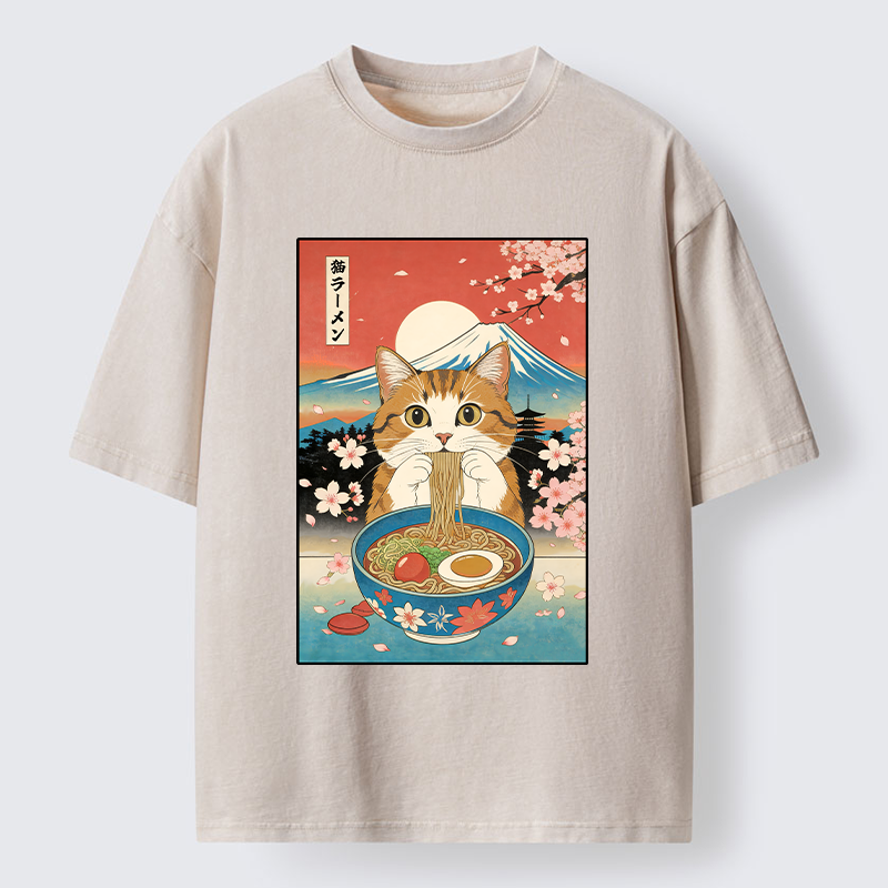 Tokyo-Tiger Orange Cat Eating Ramen Washed T-Shirt