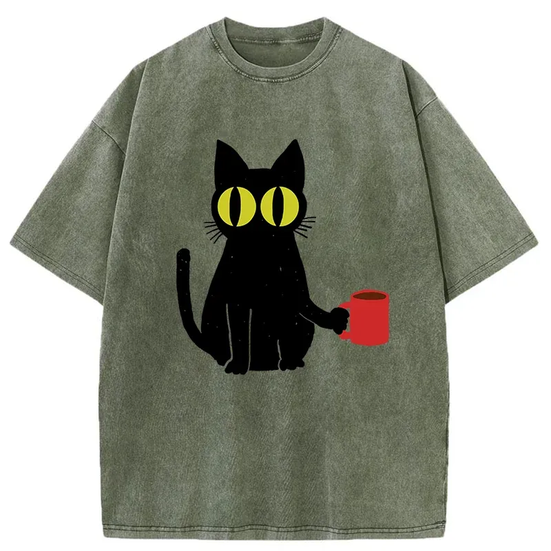 Tokyo-Tiger Cat Holding Coffee Washed T-Shirt